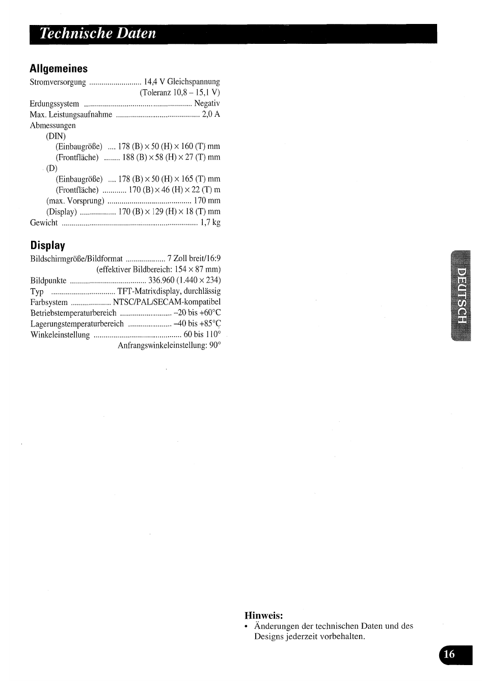 Hinweis, Technische daten | Pioneer AVX-7000 User Manual | Page 49 / 100