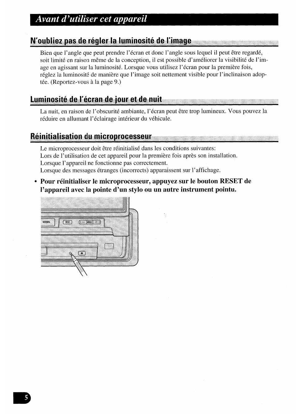 N'oubliez pas de régler la luminosité de l'image, Luminosité de l'écran de jour et de nuit, Réinitialisation du microprocesseur | Avant d’utiliser cet appareil | Pioneer AVX-7000 User Manual | Page 54 / 100