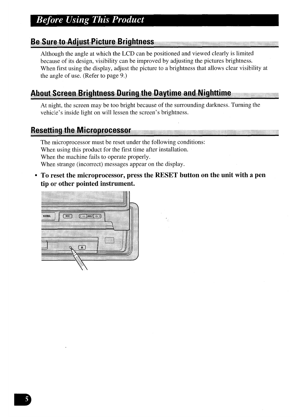 Be sure to adjust picture brightness, Resetting the microprocessor, Before using this product | Pioneer AVX-7000 User Manual | Page 6 / 100