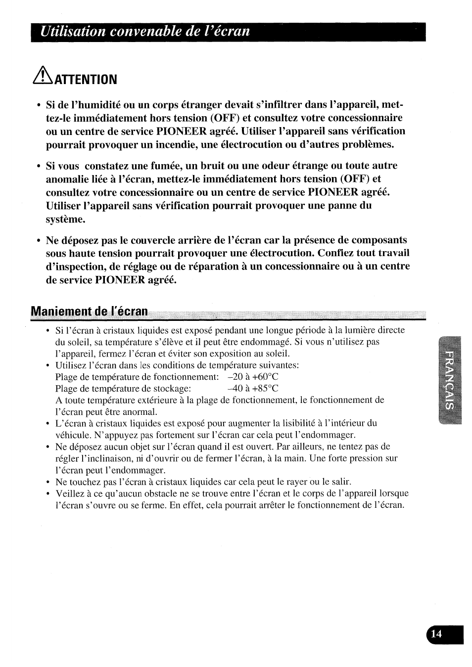 Maniement de l'écran, Maniement de l’écran, Utilisation convenable de l’écran | Aanention | Pioneer AVX-7000 User Manual | Page 63 / 100
