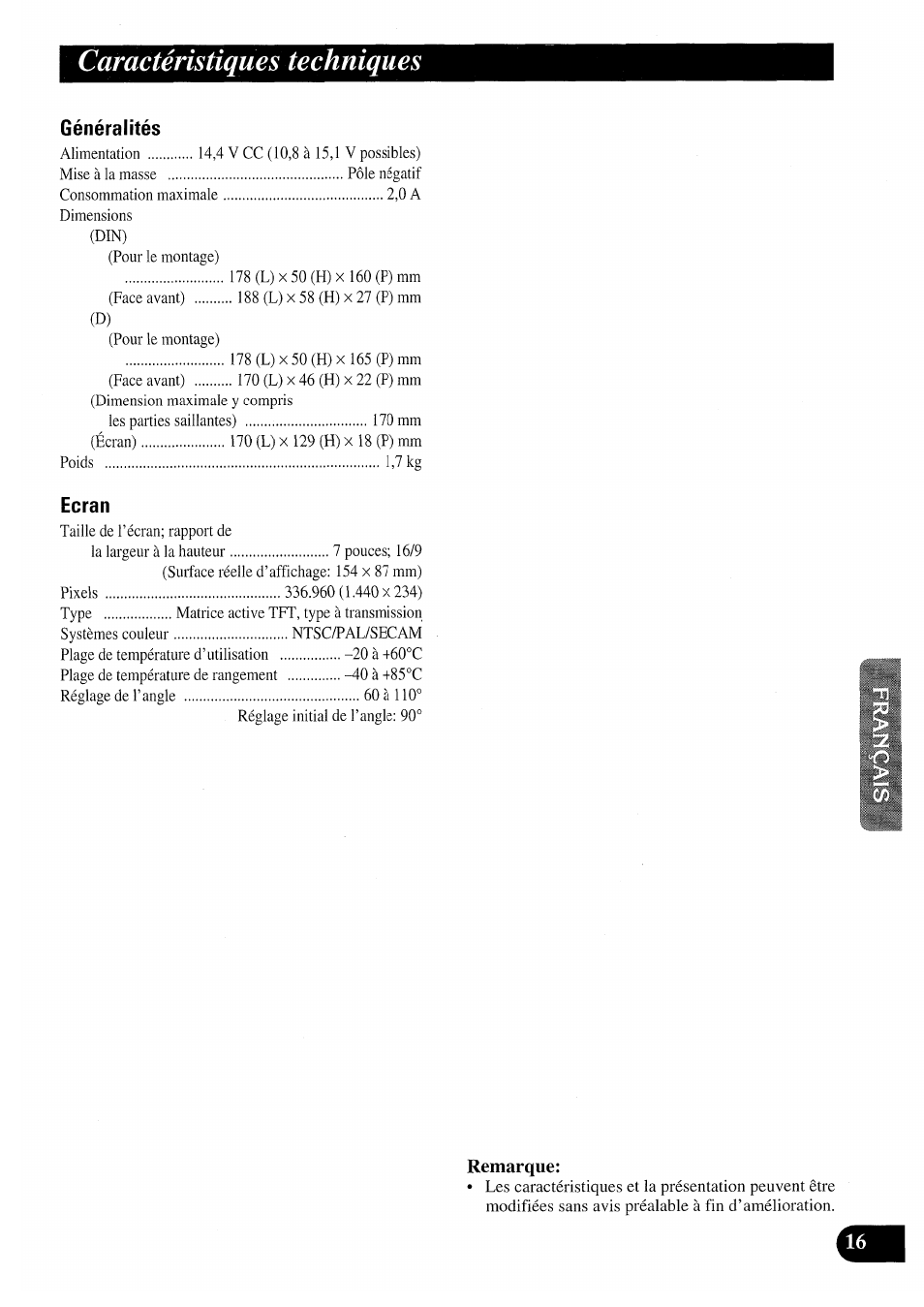 Caractéristiques techniques | Pioneer AVX-7000 User Manual | Page 65 / 100