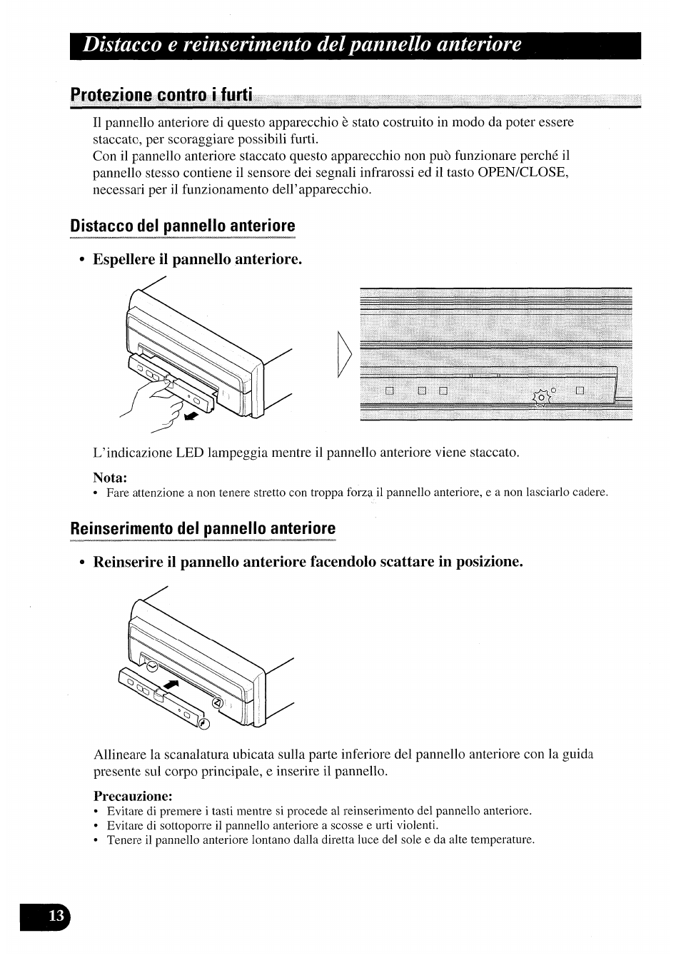 Protezione contro i furti, Espellere il pannello anteriore, Nota | Precauzione, Distacco e reinserimento del pannello anteriore | Pioneer AVX-7000 User Manual | Page 78 / 100