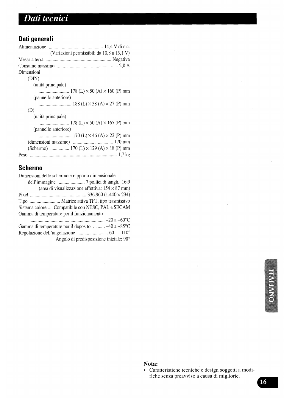 Nota, Dati tecnici | Pioneer AVX-7000 User Manual | Page 81 / 100