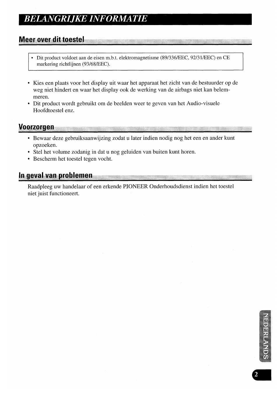 Belangrijkeineormatie, Meer over dit toestel, Voorzorgen | Ln geval van problemen, Belangrijke informatie | Pioneer AVX-7000 User Manual | Page 83 / 100