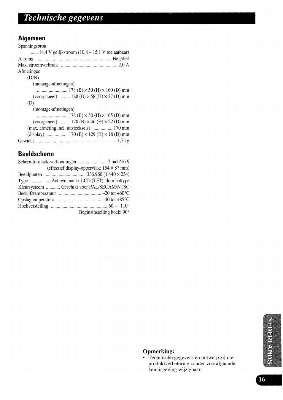 Technische gegevens, Algemeen, Beeldscherm | Pioneer AVX-7000 User Manual | Page 97 / 100