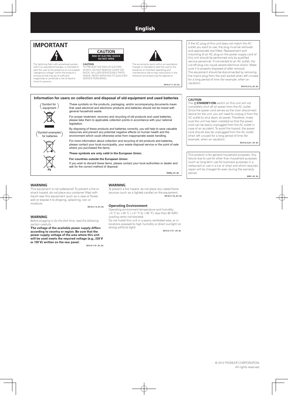 Safety brochure, Av receiver, Important | English, Caution | Pioneer SC-2022-K User Manual | Page 2 / 8
