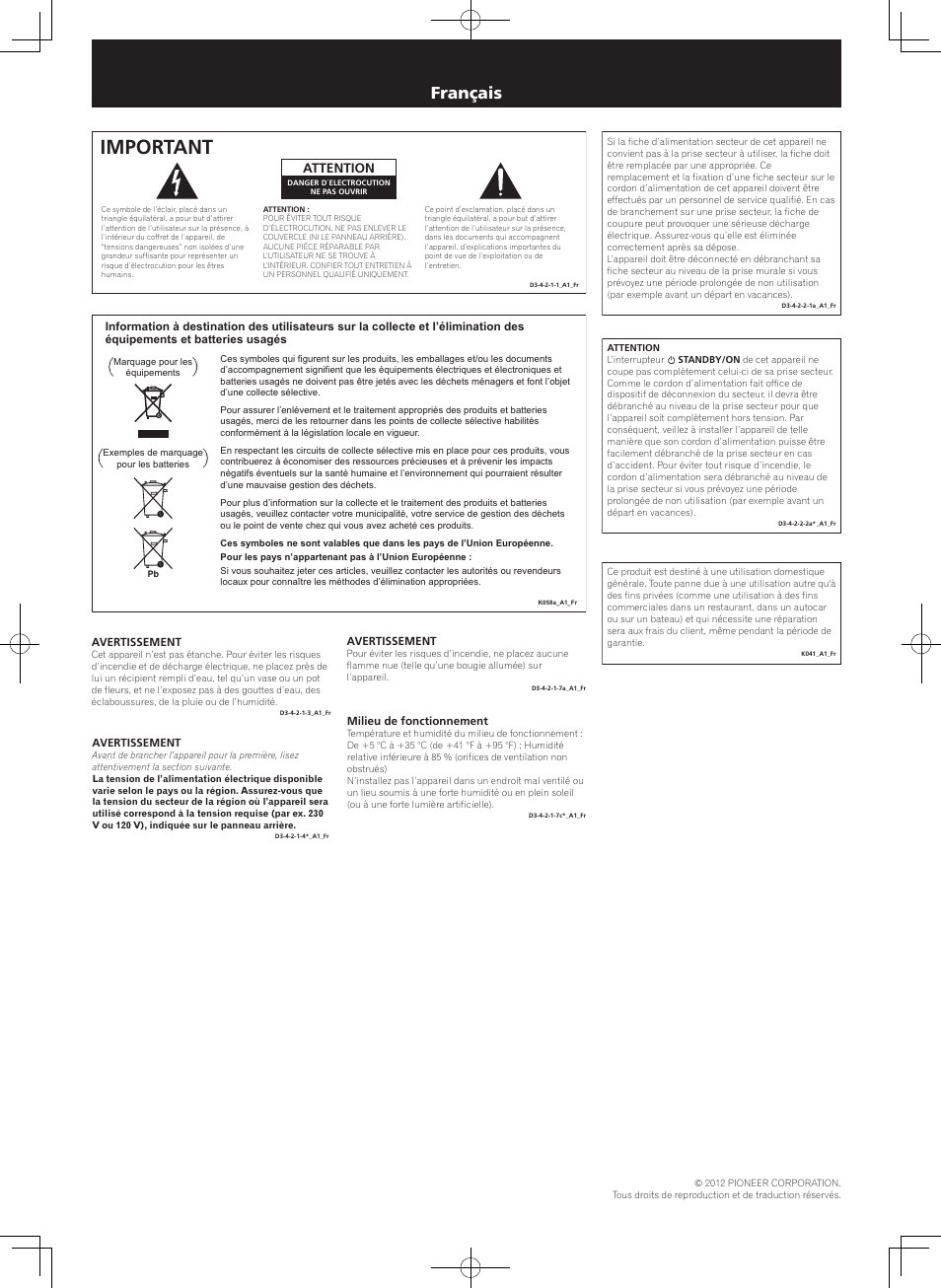 Instructions de sécurité, Amplificateur av, Important | Français, Attention | Pioneer SC-2022-K User Manual | Page 3 / 8