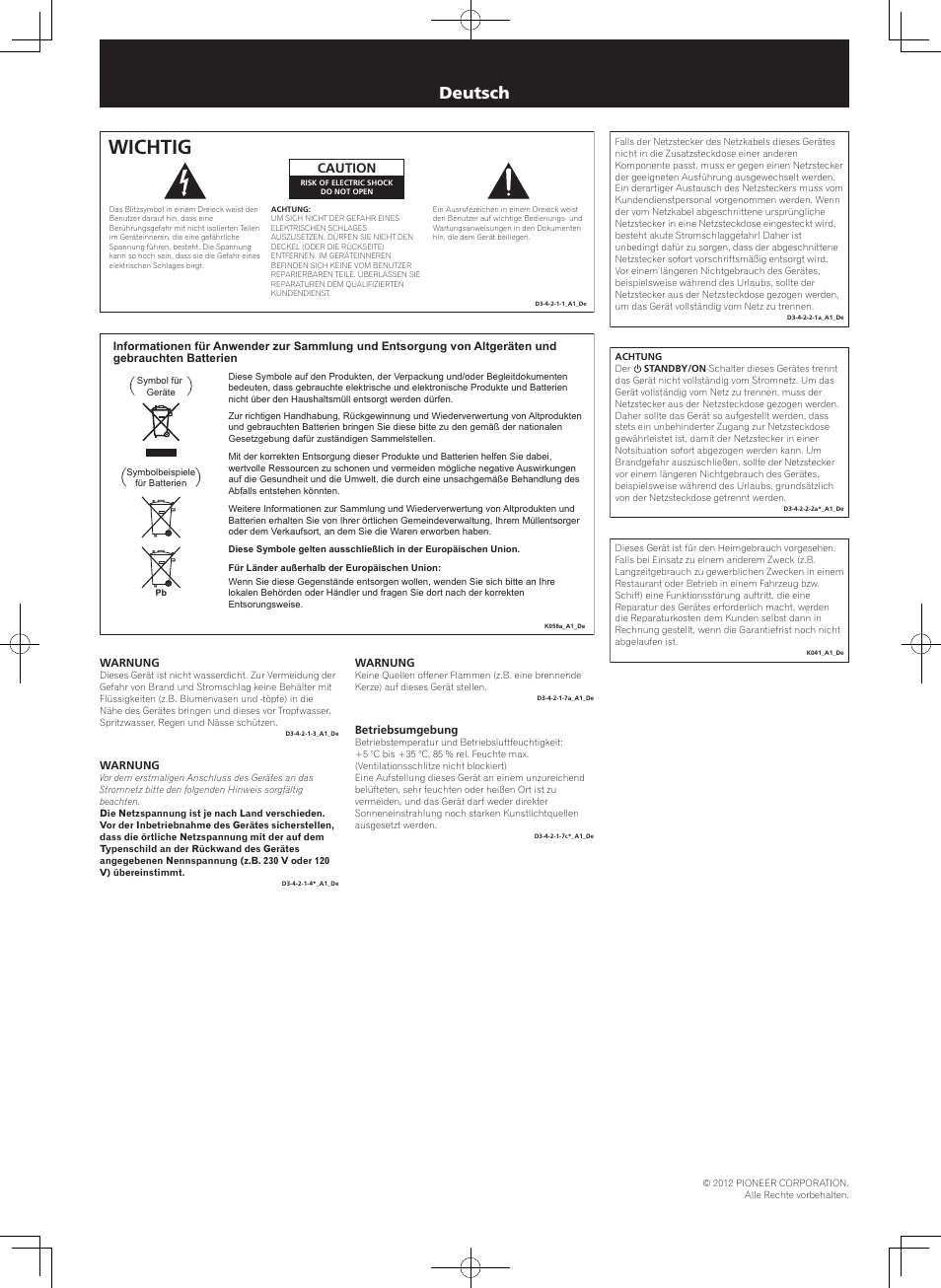 Sicherheitsbroschüre, Av receiver, Wichtig | Deutsch, Caution | Pioneer SC-2022-K User Manual | Page 4 / 8