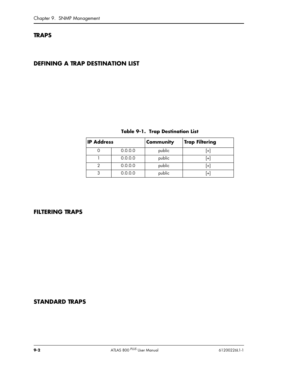 Traps, Defining a trap destination list, Filtering traps | Standard traps | ADTRAN ATLAS 800PLUS User Manual | Page 124 / 166