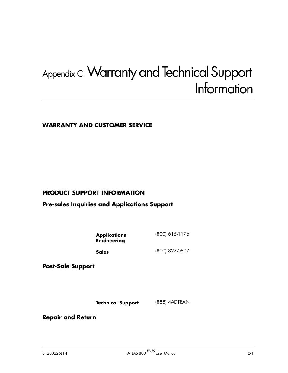 Warranty and technical support information, Appendix c | ADTRAN ATLAS 800PLUS User Manual | Page 151 / 166