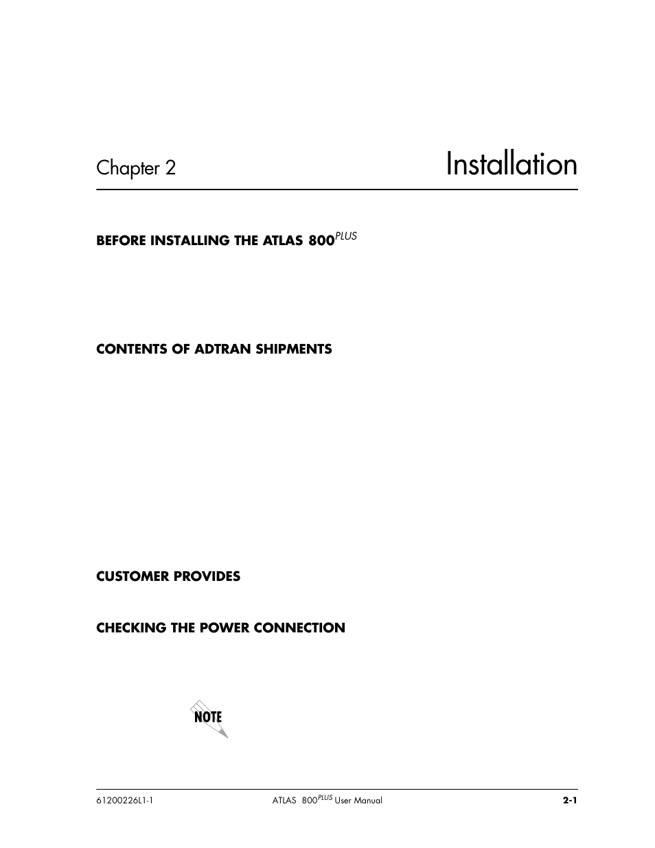 Installation, Chapter 2 | ADTRAN ATLAS 800PLUS User Manual | Page 27 / 166