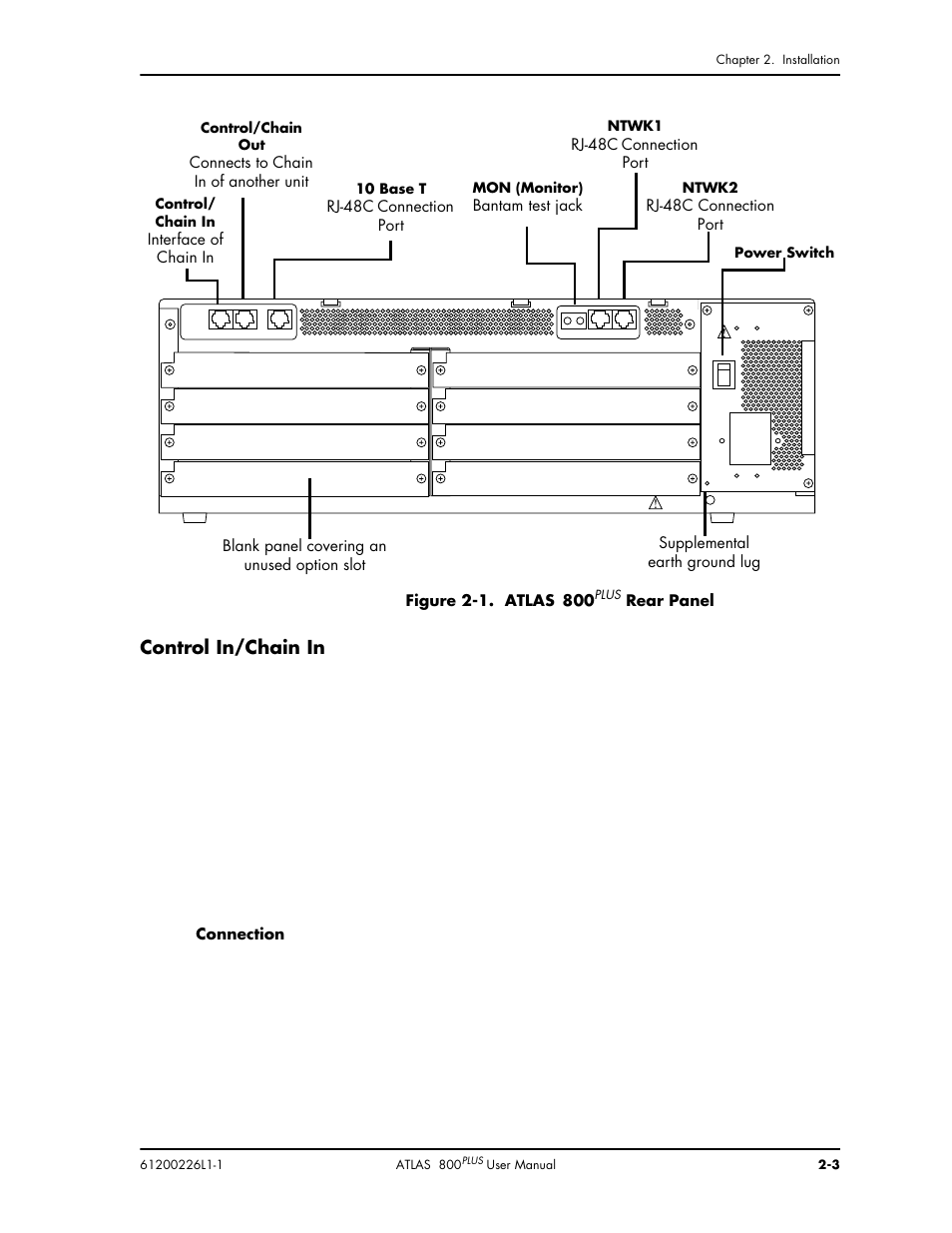 Control in/chain in, Rear panel, Blank panel covering an unused option slot | Interface of chain in, Connects to chain in of another unit, Rj-48c connection port, Bantam test jack | ADTRAN ATLAS 800PLUS User Manual | Page 29 / 166