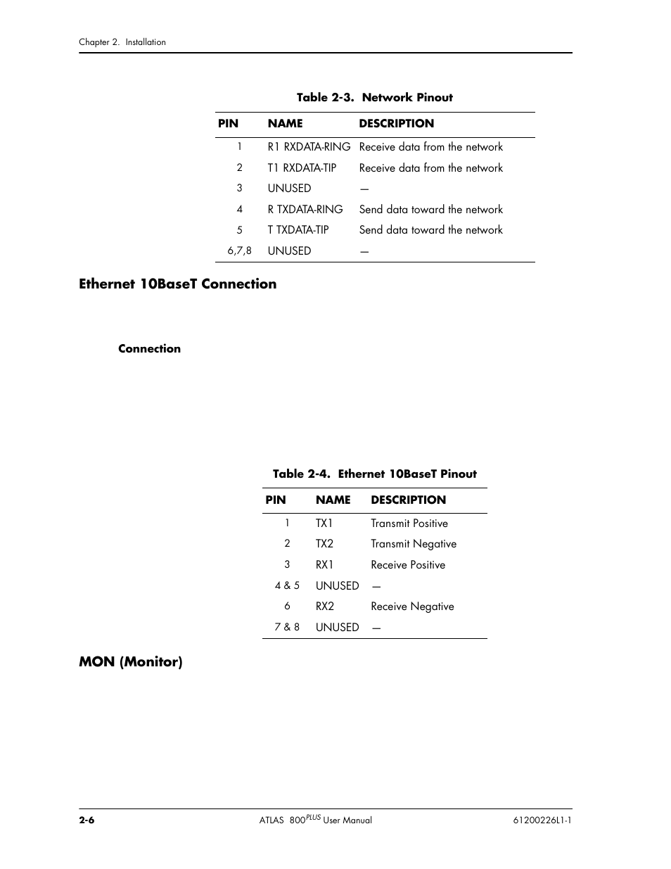 Ethernet 10baset connection, Mon (monitor) | ADTRAN ATLAS 800PLUS User Manual | Page 32 / 166