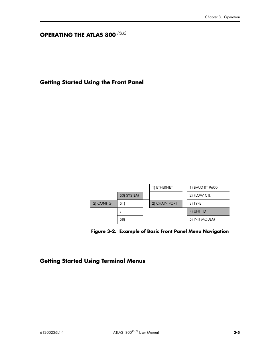 Operating the atlas 800, Getting started using the front panel, Getting started using terminal menus | ADTRAN ATLAS 800PLUS User Manual | Page 39 / 166