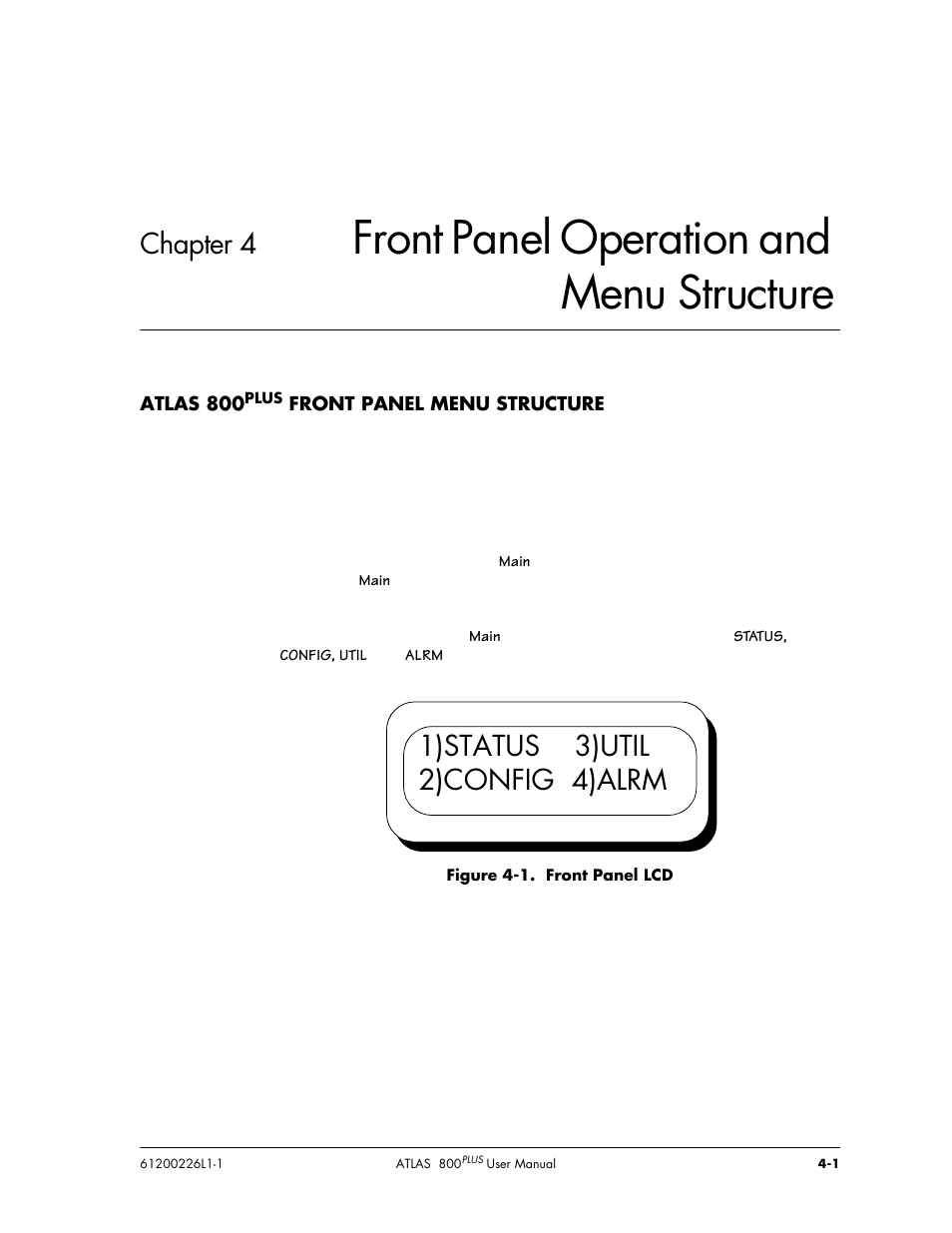 Front panel operation and menu structure, Chapter 4, 1)status 3)util 2)config 4)alrm | ADTRAN ATLAS 800PLUS User Manual | Page 43 / 166