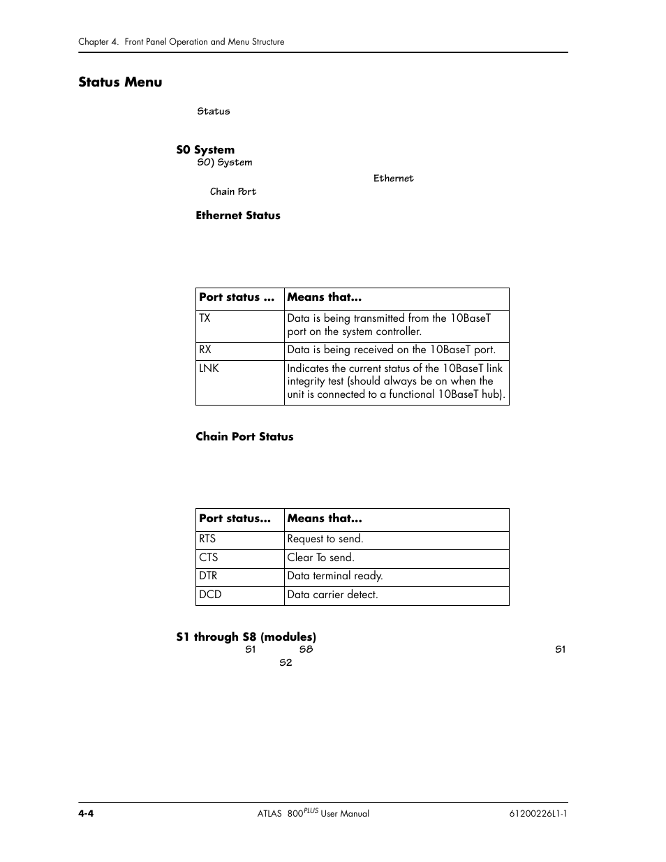 Status menu | ADTRAN ATLAS 800PLUS User Manual | Page 46 / 166