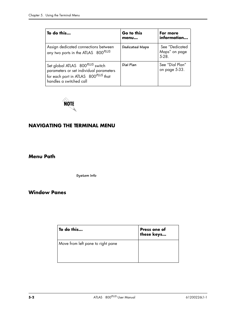 Navigating the terminal menu, Menu path, Window panes | ADTRAN ATLAS 800PLUS User Manual | Page 54 / 166