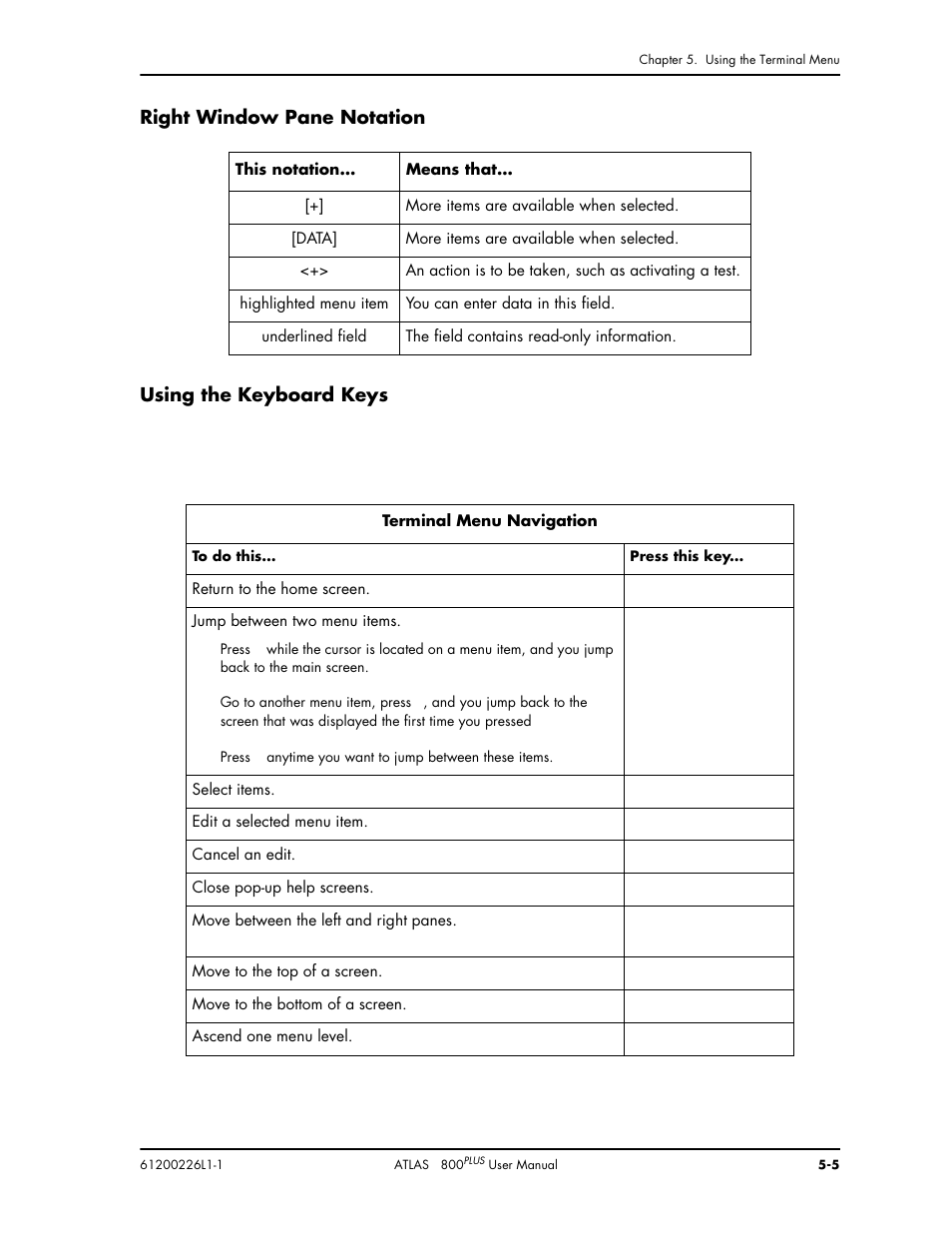Right window pane notation using the keyboard keys | ADTRAN ATLAS 800PLUS User Manual | Page 57 / 166