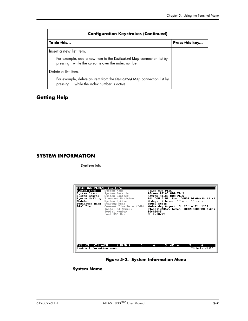 Getting help, System information | ADTRAN ATLAS 800PLUS User Manual | Page 59 / 166