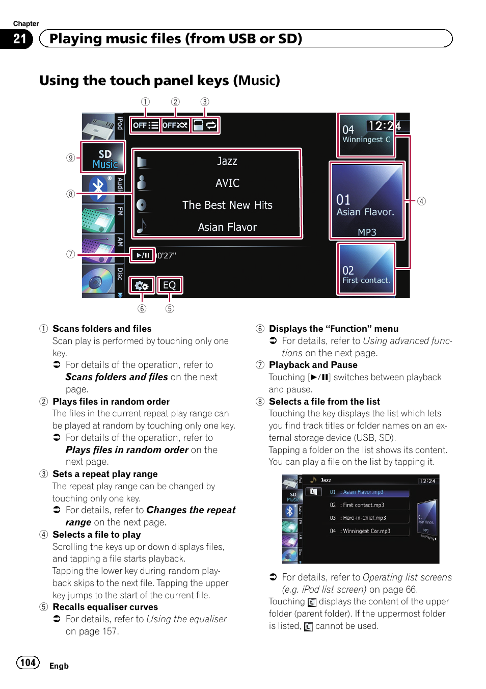 Using the touch panel keys (music), Using the touch panel, Keys | 21 playing music files (from usb or sd) | Pioneer AVIC-F8430BT User Manual | Page 104 / 208