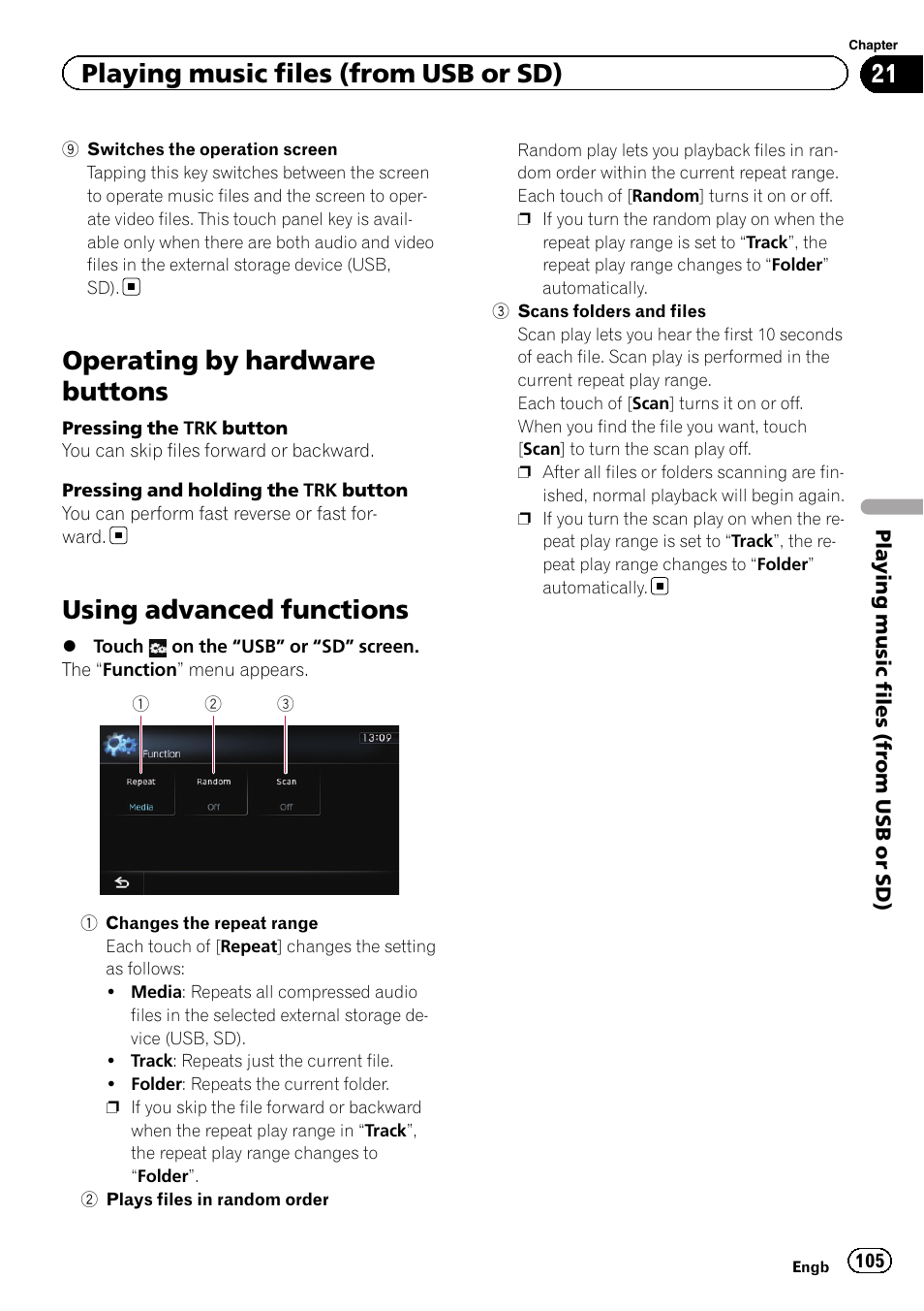 Operating by hardware buttons, Using advanced functions, Changes the repeat | Using advanced func, Playing music files (from usb or sd) | Pioneer AVIC-F8430BT User Manual | Page 105 / 208