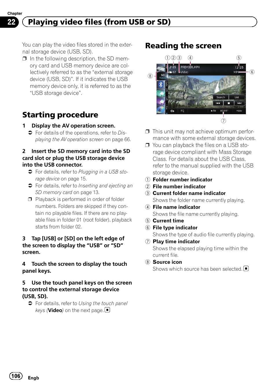 Reading the screen, Starting procedure, 22 playing video files (from usb or sd) | Pioneer AVIC-F8430BT User Manual | Page 106 / 208