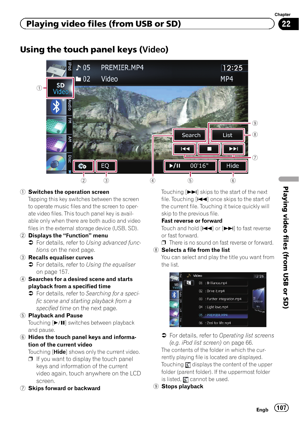 Using the touch panel keys (video), Using the touch panel, Keys | Playing video files (from usb or sd) | Pioneer AVIC-F8430BT User Manual | Page 107 / 208