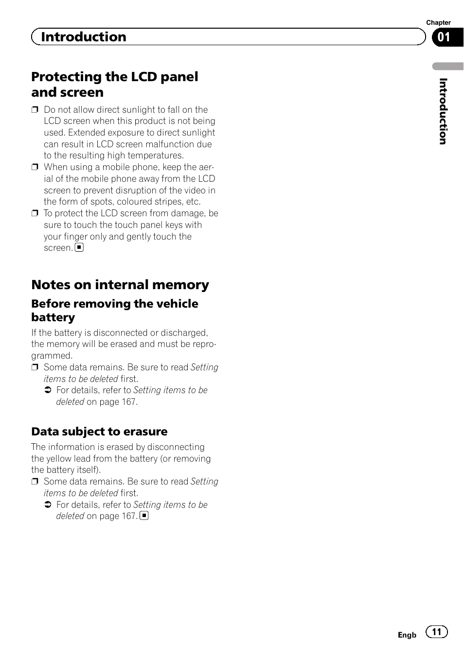 Protecting the lcd panel and screen, Notes on internal memory, Before removing the vehicle | Battery, Data subject to erasure 11, Introduction | Pioneer AVIC-F8430BT User Manual | Page 11 / 208