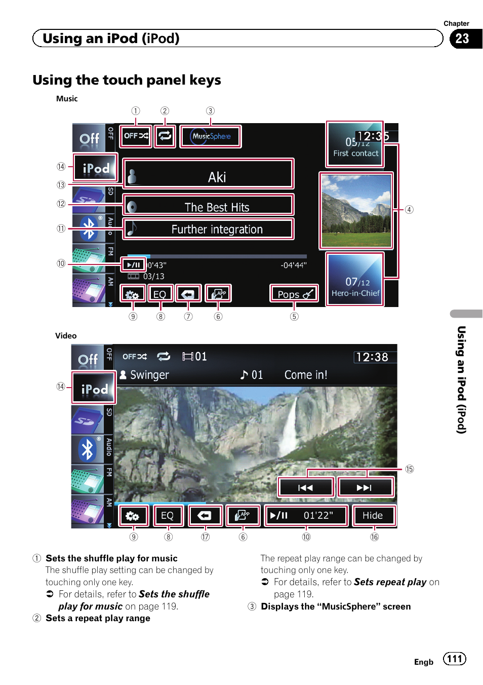 Using the touch panel keys, Using, Using an ipod (ipod) | Pioneer AVIC-F8430BT User Manual | Page 111 / 208