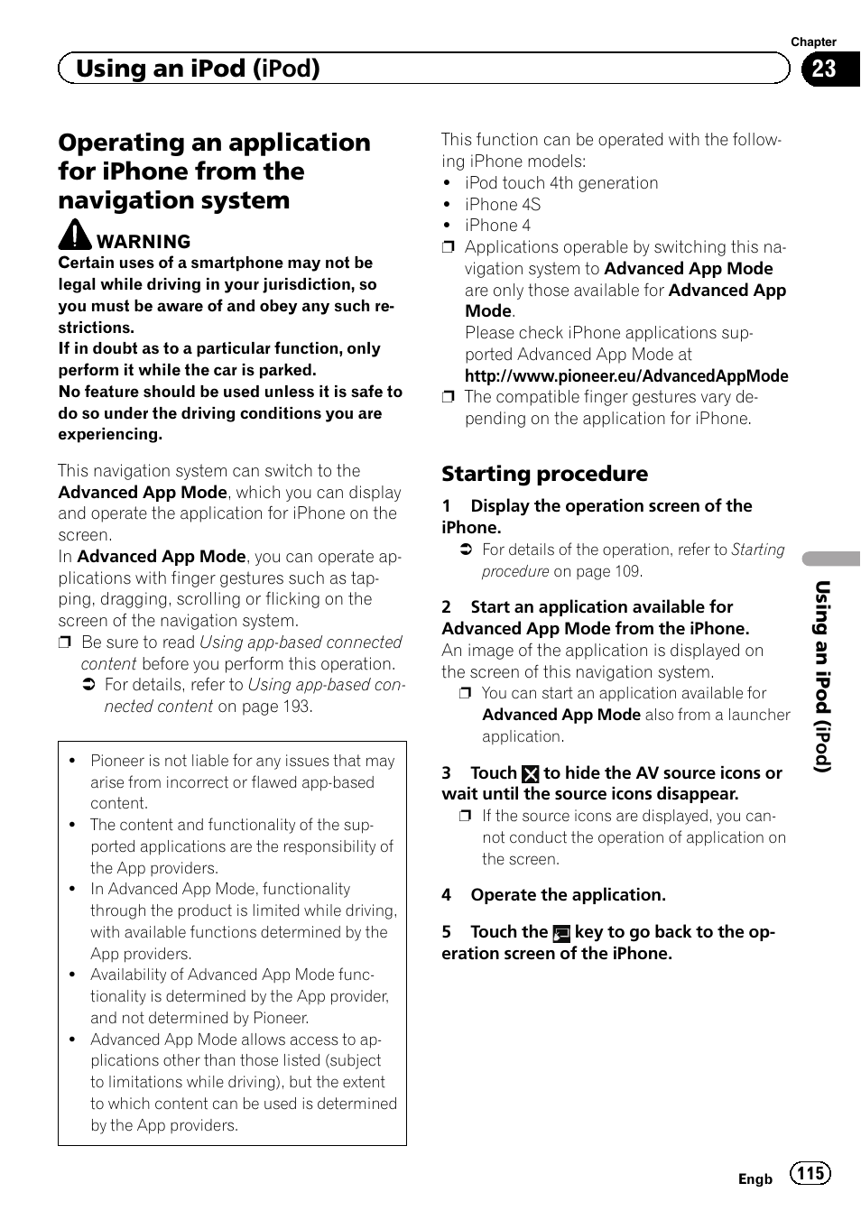 Operating an application for iphone from the, Navigation system, Starting procedure 115 | Operating an applica, Using an ipod (ipod), Starting procedure | Pioneer AVIC-F8430BT User Manual | Page 115 / 208