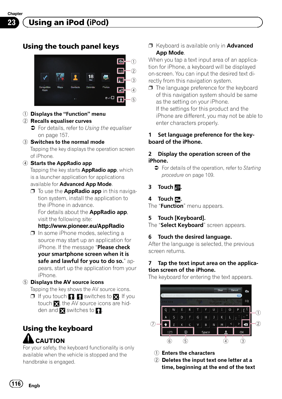 Using the touch panel keys 116, Using the keyboard 116, 23 using an ipod (ipod) | Using the touch panel keys, Using the keyboard | Pioneer AVIC-F8430BT User Manual | Page 116 / 208