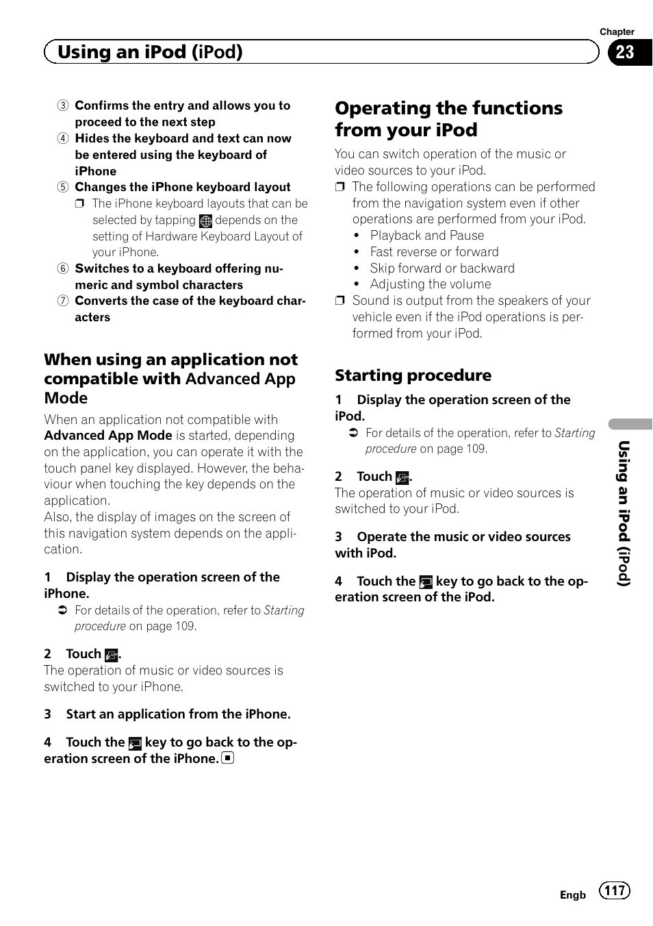 When using an application not, Compatible with advanced app mode, Operating the functions from your ipod | Starting procedure 117, Operating the func, Using an ipod (ipod), Starting procedure | Pioneer AVIC-F8430BT User Manual | Page 117 / 208