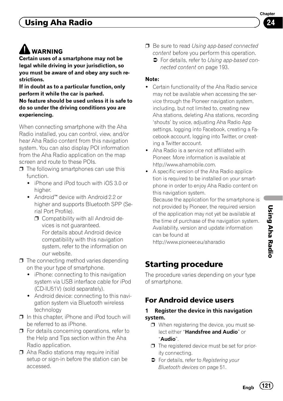 Using aha radio starting procedure, For android device users 121, Starting procedure | Using aha radio, For android device users | Pioneer AVIC-F8430BT User Manual | Page 121 / 208
