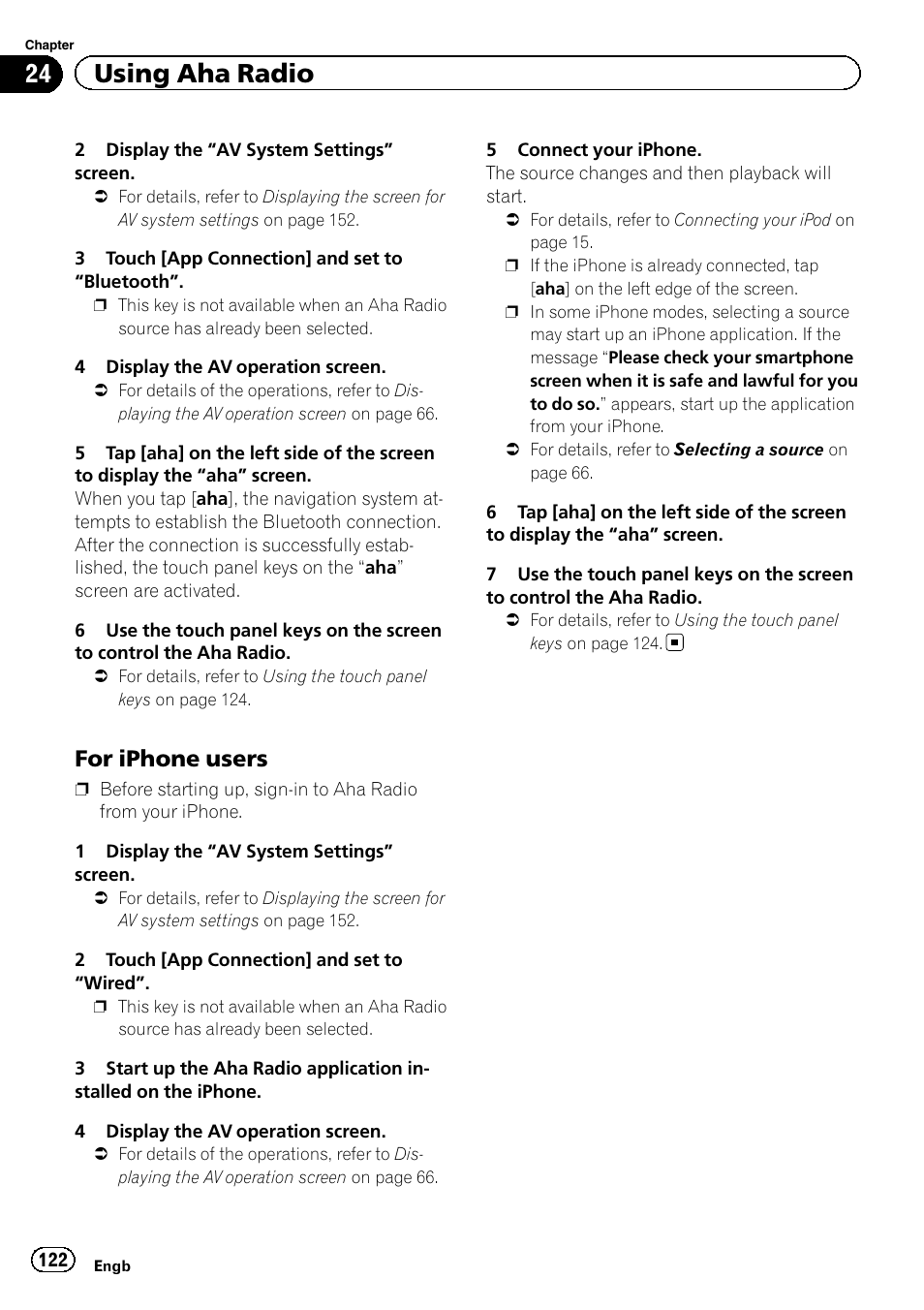 For iphone users 122, 24 using aha radio, For iphone users | Pioneer AVIC-F8430BT User Manual | Page 122 / 208