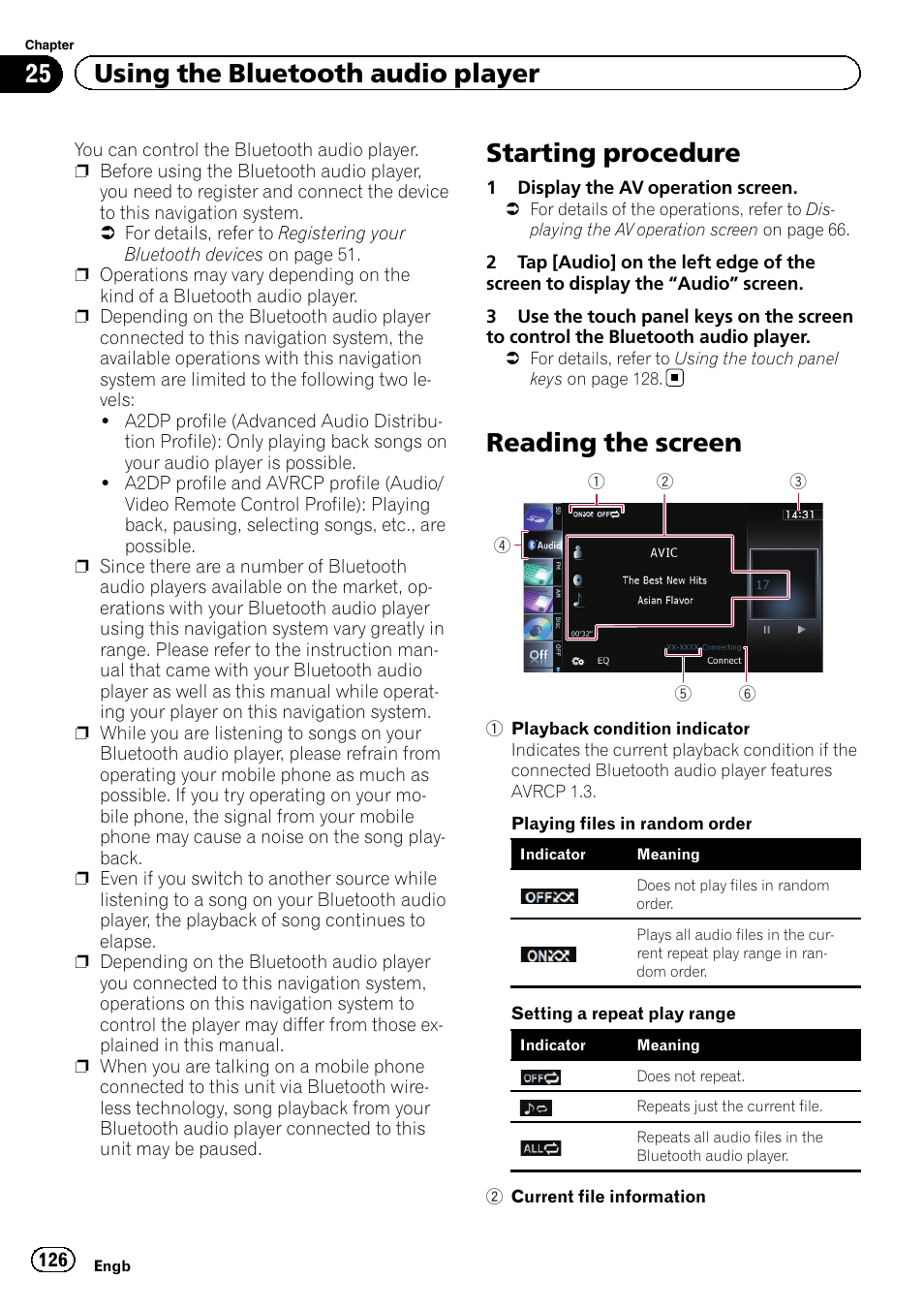 Reading the screen, Starting procedure, 25 using the bluetooth audio player | Pioneer AVIC-F8430BT User Manual | Page 126 / 208
