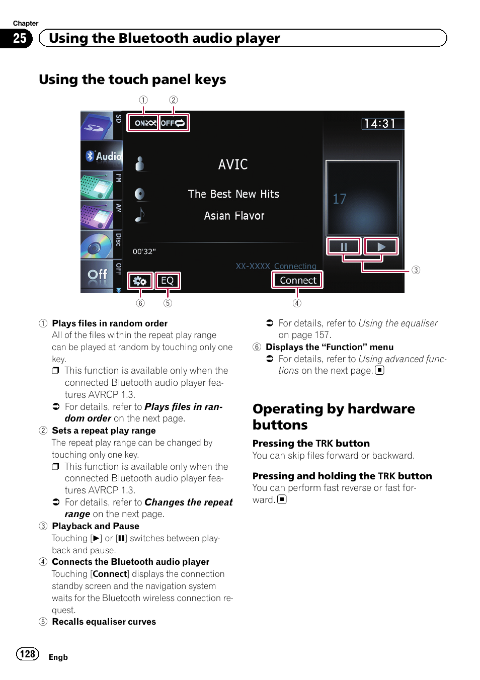 Using the touch panel keys, Operating by hardware buttons, Using the touch panel | 25 using the bluetooth audio player | Pioneer AVIC-F8430BT User Manual | Page 128 / 208