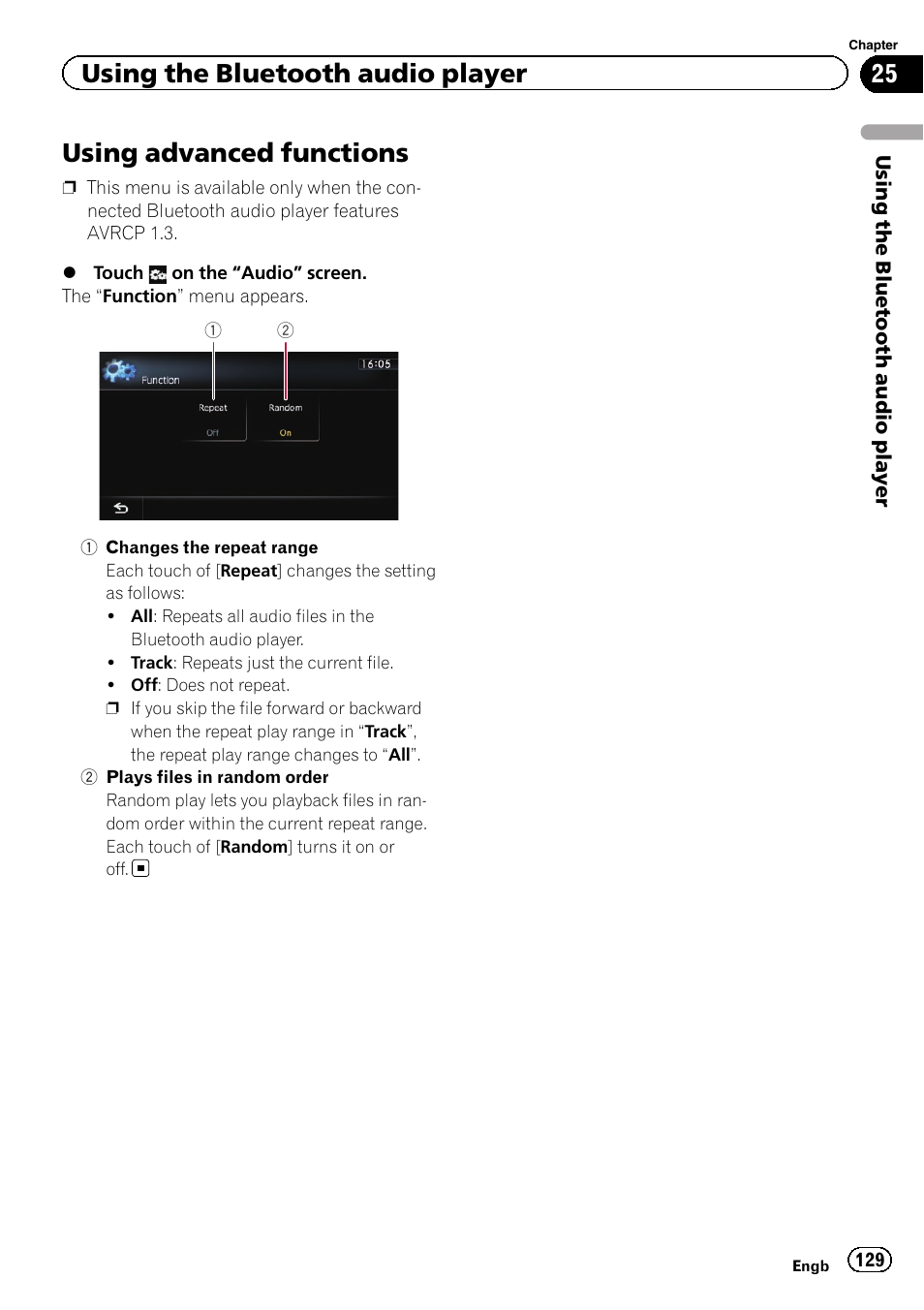 Using advanced functions, Plays files in ran, Changes the repeat | Using advanced func, Using the bluetooth audio player | Pioneer AVIC-F8430BT User Manual | Page 129 / 208