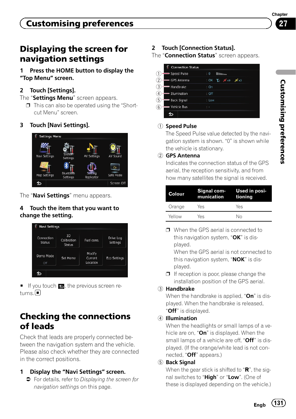Settings, Checking the connections of leads, Displaying the screen for navigation settings | Customising preferences | Pioneer AVIC-F8430BT User Manual | Page 131 / 208