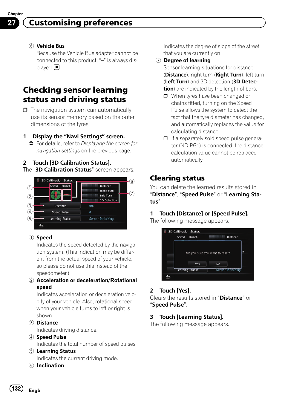 Checking sensor learning status and driving, Status, Clearing status 132 | Checking sensor learning status and driving status, 27 customising preferences, Clearing status | Pioneer AVIC-F8430BT User Manual | Page 132 / 208