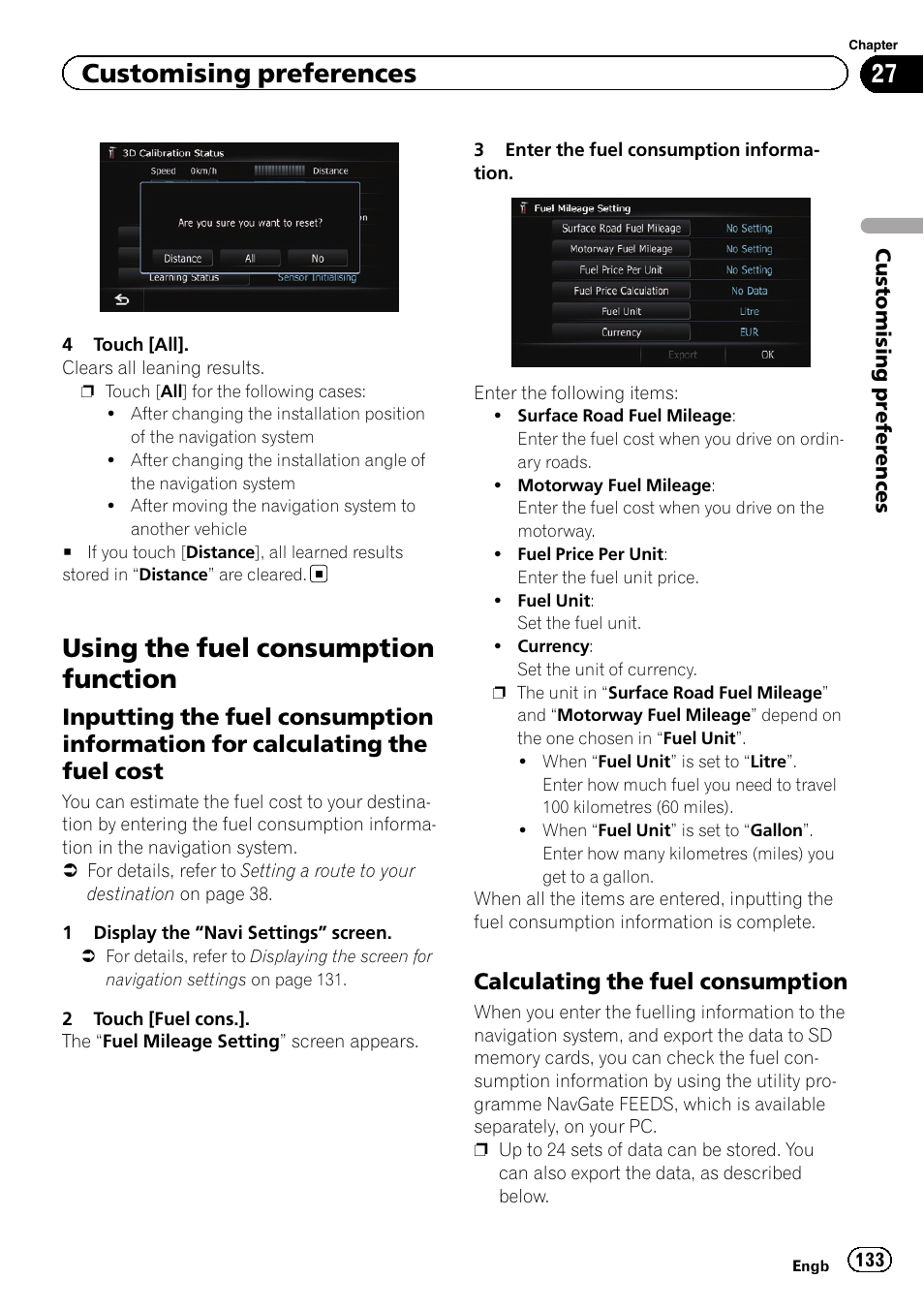 Using the fuel consumption function, Inputting the fuel consumption, Information for calculating the fuel cost | Calculating the fuel consumption 133, Inputting the fuel, Customising preferences, Calculating the fuel consumption | Pioneer AVIC-F8430BT User Manual | Page 133 / 208