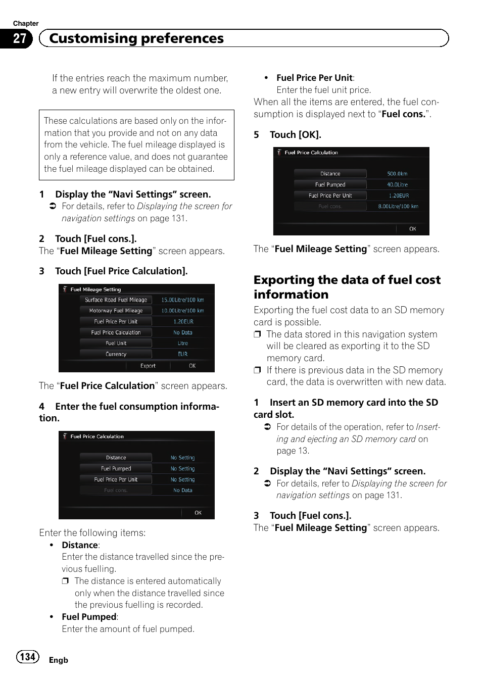 Exporting the data of fuel cost, Information, 27 customising preferences | Exporting the data of fuel cost information | Pioneer AVIC-F8430BT User Manual | Page 134 / 208