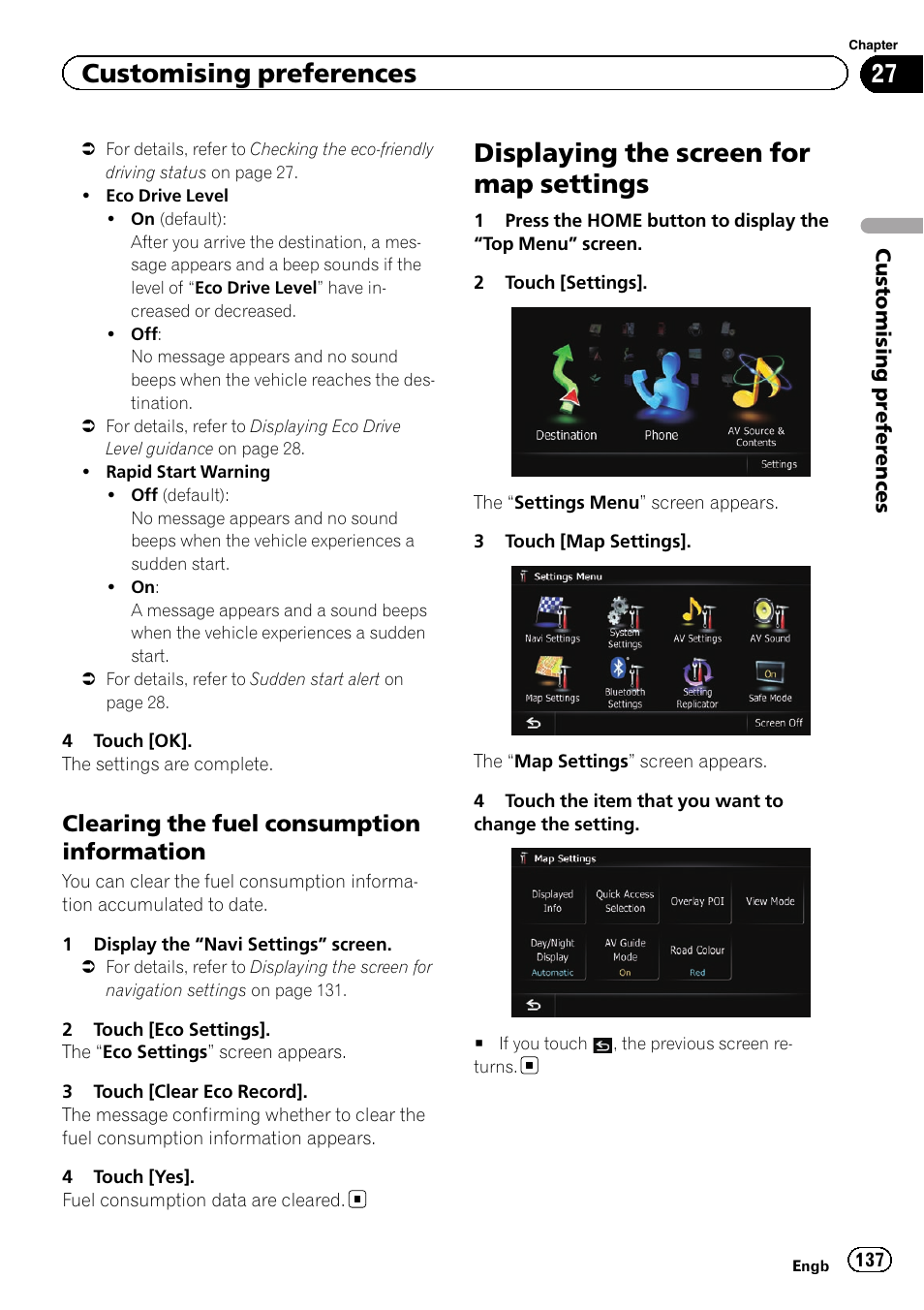Clearing the fuel consumption, Information, Displaying the screen for map settings | Displaying the screen for, Customising preferences, Clearing the fuel consumption information | Pioneer AVIC-F8430BT User Manual | Page 137 / 208