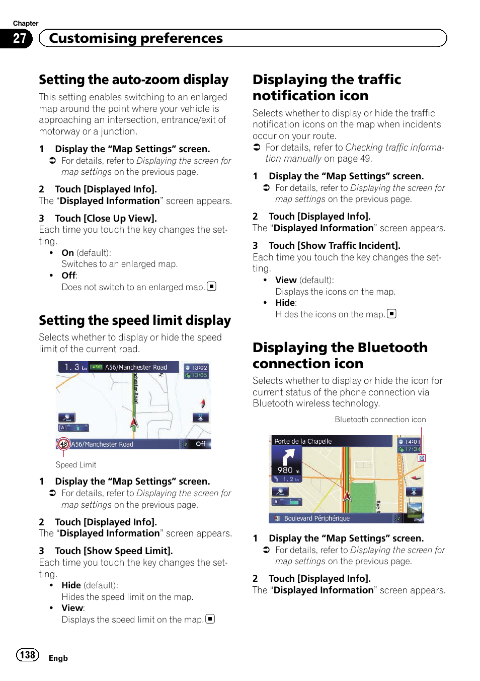 Setting the auto-zoom display, Setting the speed limit display, Displaying the traffic notification icon | Displaying the bluetooth connection, Icon, Setting the auto-zoom, Displaying the traffic no, Displaying the bluetooth connection icon, 27 customising preferences | Pioneer AVIC-F8430BT User Manual | Page 138 / 208