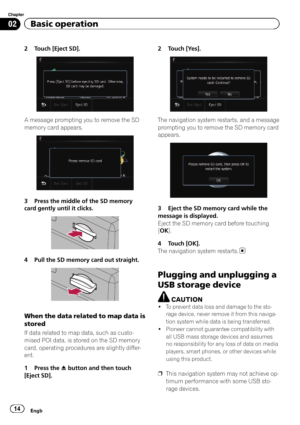 Plugging and unplugging a usb storage, Device, Plugging and unplugging a usb storage device | 02 basic operation | Pioneer AVIC-F8430BT User Manual | Page 14 / 208