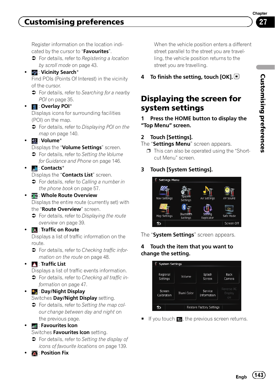 Displaying the screen for system, Settings, Displaying the screen for system settings | Customising preferences | Pioneer AVIC-F8430BT User Manual | Page 143 / 208