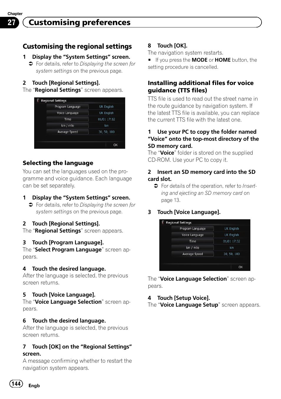 Customising the regional settings 144, 27 customising preferences, Customising the regional settings | Pioneer AVIC-F8430BT User Manual | Page 144 / 208