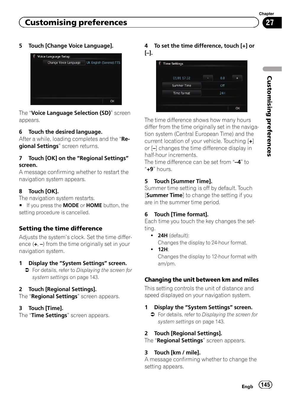 Setting the time difference, Customising preferences | Pioneer AVIC-F8430BT User Manual | Page 145 / 208