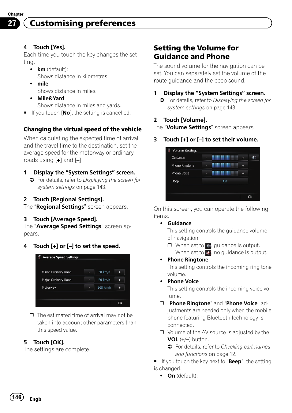 Setting the volume for guidance and, Phone, Setting the volume for | Setting the volume, 27 customising preferences, Setting the volume for guidance and phone | Pioneer AVIC-F8430BT User Manual | Page 146 / 208