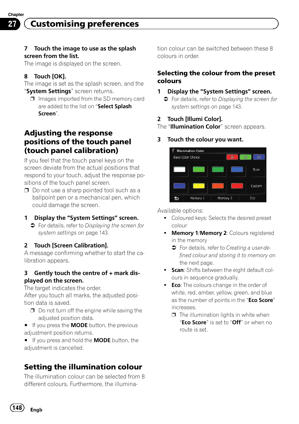 Adjusting the response positions of the, Touch panel (touch panel calibration), Setting the illumination colour 148 | 27 customising preferences, Setting the illumination colour | Pioneer AVIC-F8430BT User Manual | Page 148 / 208