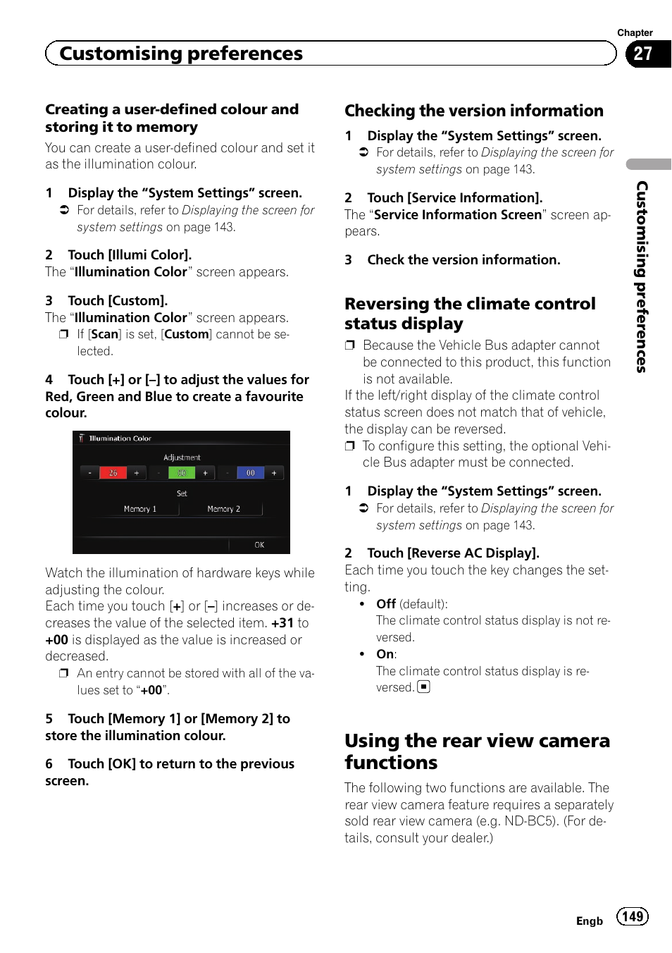 Checking the version information 149, Reversing the climate control status, Display | Using the rear view camera functions, Creating a user-de, Customising preferences, Checking the version information, Reversing the climate control status display | Pioneer AVIC-F8430BT User Manual | Page 149 / 208